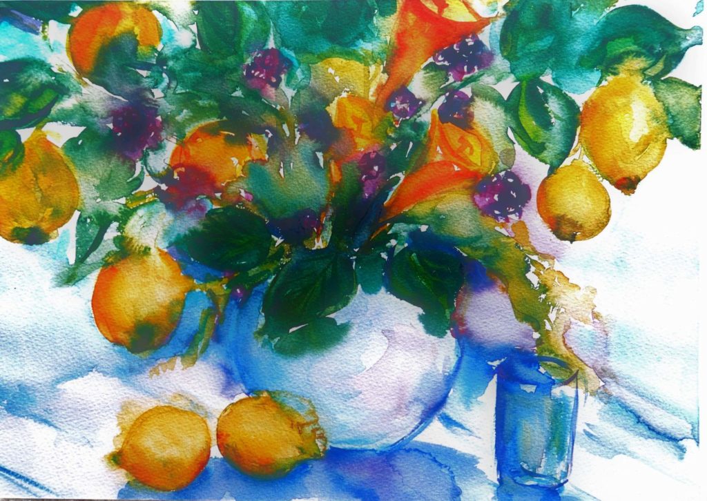 Blumenstrauß Zitrus - Aquarell von Maria Lammerskötter