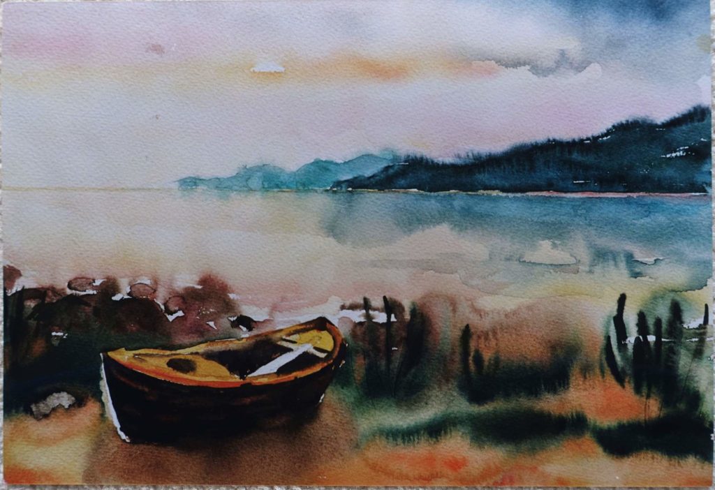 Boot an Küste abends - Aquarell von Maria Lammerskötter