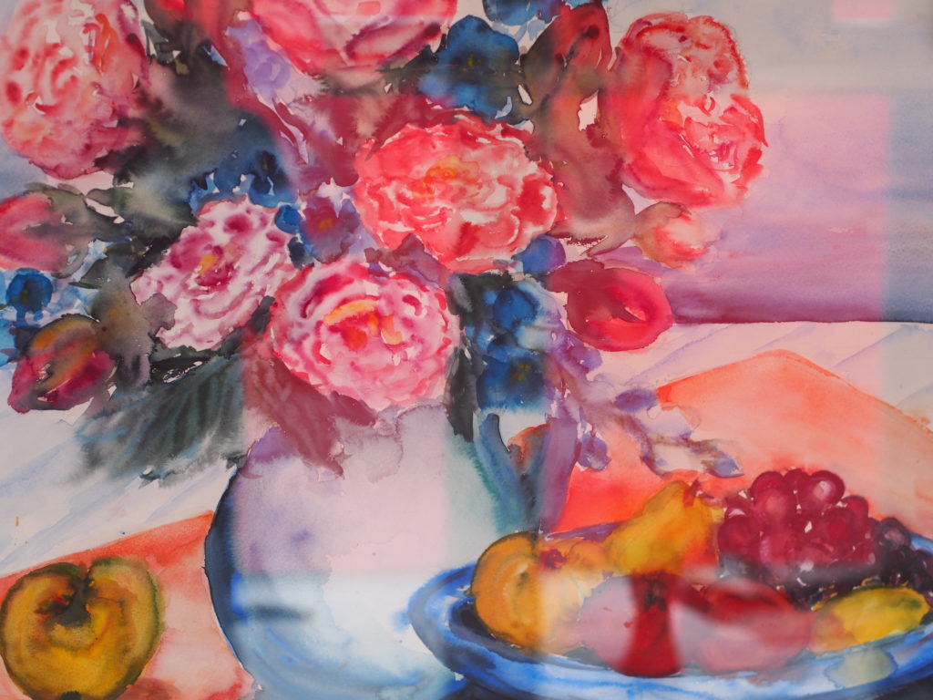 Esstisch mit Blumenstrauß - Aquarell von Maria Lammerskötter
