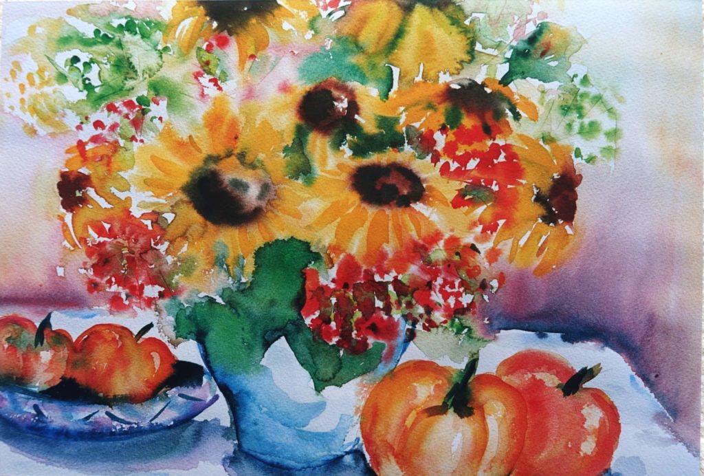 Gartenstrauß voller Sommerblumen - Aquarell von Maria Lammerskötter