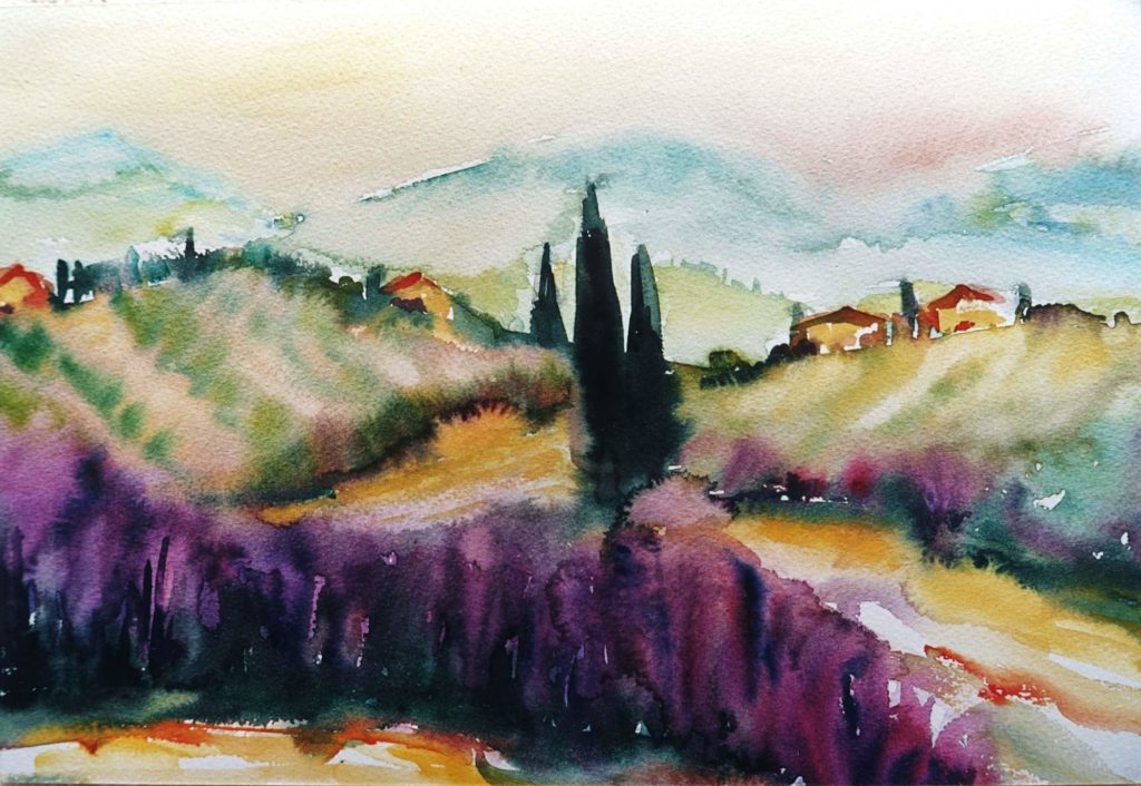 Lavendellandschaft im Süden - Aquarell von Maria Lammerskötter