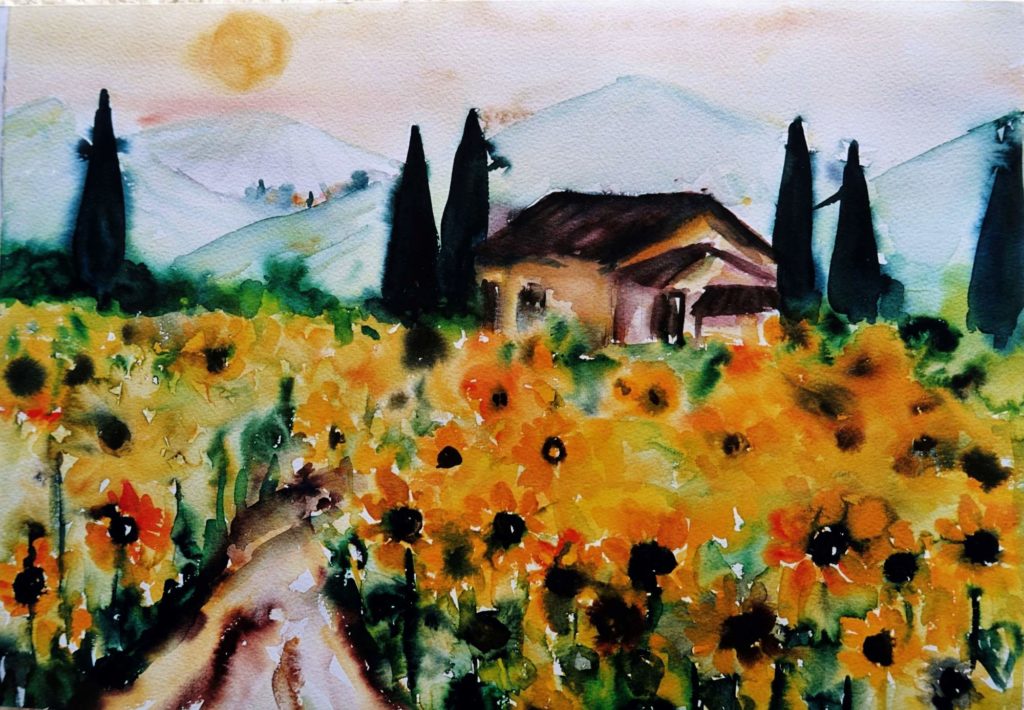 Sommenblumenfeld - Aquarell von Maria Lammerskötter