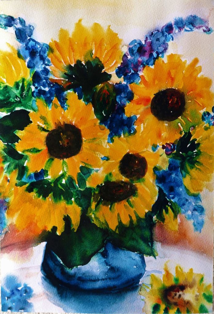 Sonnenblumenstrauß in blau - Aquarell von Maria Lammerskötter
