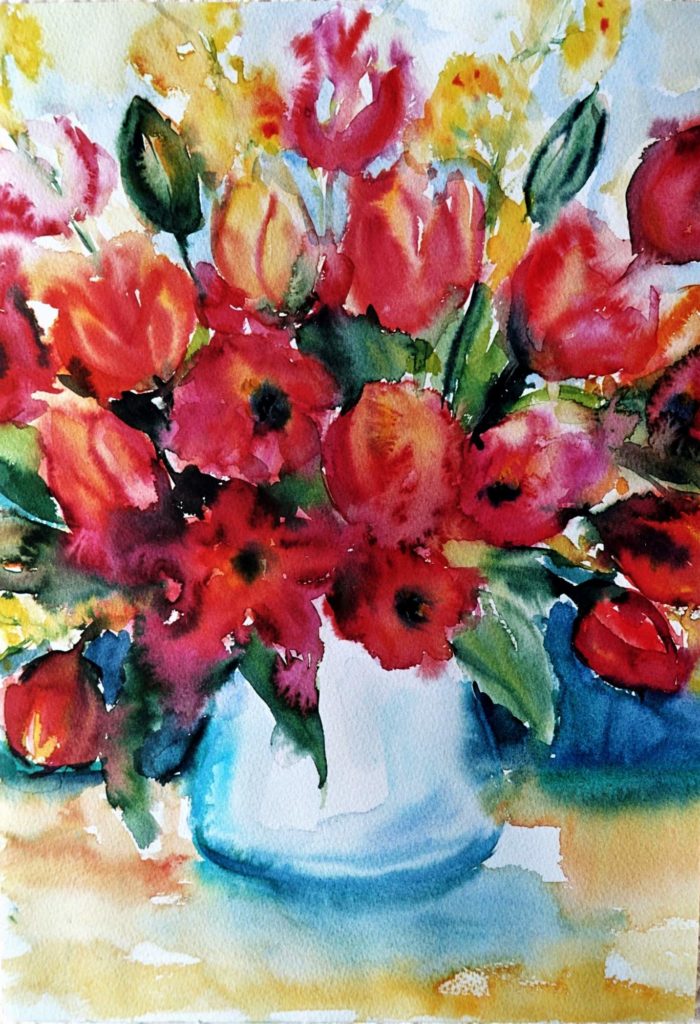 Tulpenstrauß rot voller Blüte - Aquarell von Maria Lammerskötter